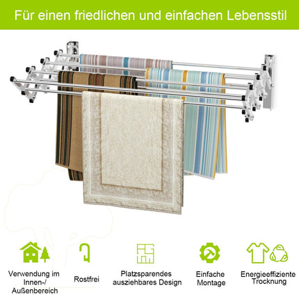 Wandgarderobe, ausziehbarer Wandtrockner aus Edelstahl mit 8 Stangen, Tragkraft 25 kg