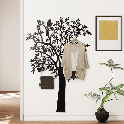 Wandgarderobe aus Metall mit Baum- und Vogelmotiv