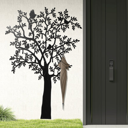 Wandgarderobe aus Metall mit Baum- und Vogelmotiv