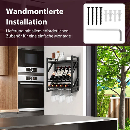 An der Wand montiertes Weinregal mit 2-stufigem Weinflaschenregal und 3 Reihen für Weinglashalter, platzsparendes Wand-Weinregal