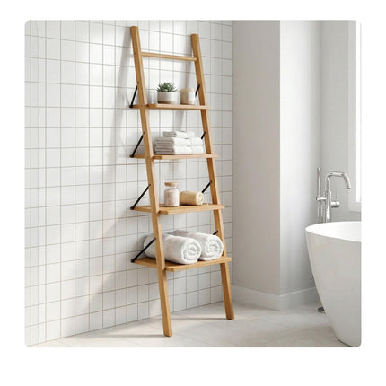 Walnut Ladder Shelf, 4-Tier Leaning Design, 180cm