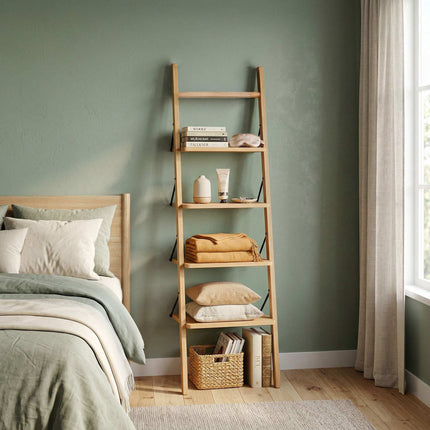Walnut Ladder Shelf, 4-Tier Leaning Design, 180cm