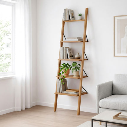 Walnut Ladder Shelf, 4-Tier Leaning Design, 180cm