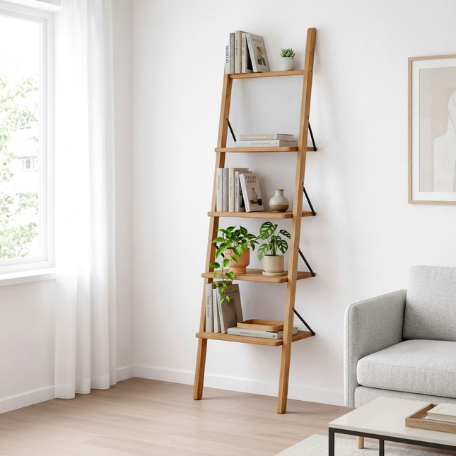 Leiterregal aus Walnussholz, 4-stufiges Anlehn-Design, 180 cm