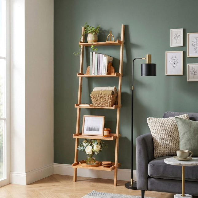 Walnut Ladder Shelf, 5-Tier, Natural Finish, 189 cm