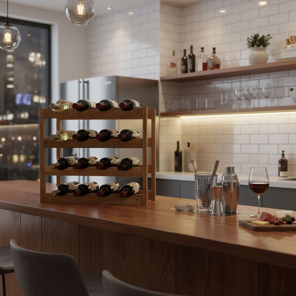Walnut Wine Rack, Holds 16 Bottles, Compact Design