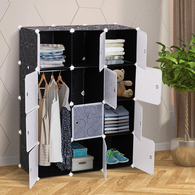 Système d'étagères à monter soi-même, armoire cubique avec tringle à vêtements, polypropylène, noir et blanc