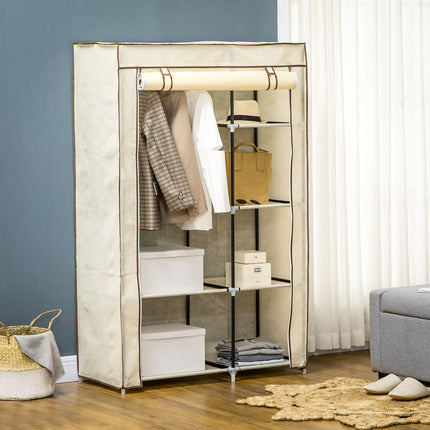 Faltbarer Stoffkleiderschrank – cremefarben, 2 Kleiderstangen, 6 Einlegeböden