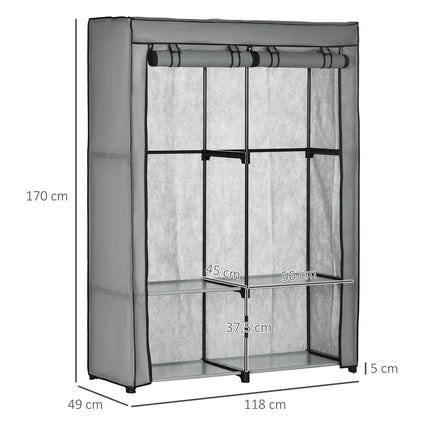 Fabric wardrobe with rails & 4 compartments, light grey