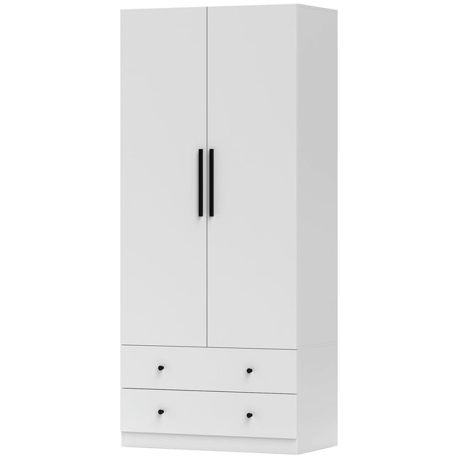 Weißer zweitüriger Kleiderschrank mit Kleiderstange und Schubladen