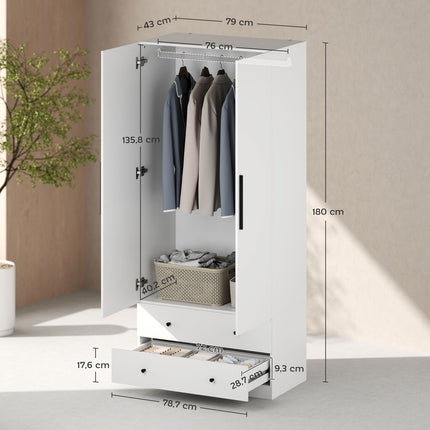 Weißer zweitüriger Kleiderschrank mit Kleiderstange und Schubladen