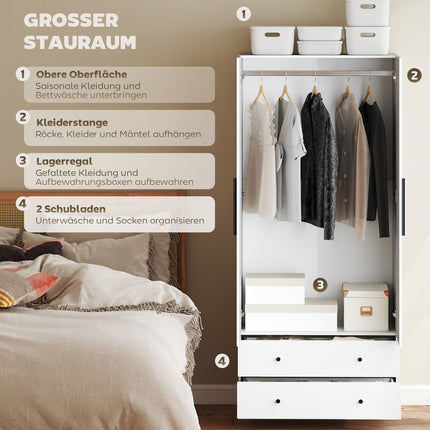 Weißer zweitüriger Kleiderschrank mit Kleiderstange und Schubladen