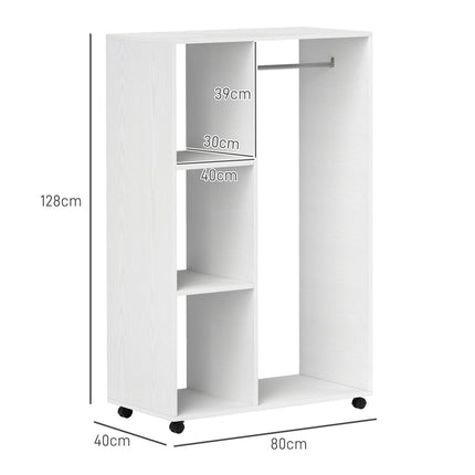 Rolling clothes rack - 3 shelves, rail, 80x40x128 cm, white