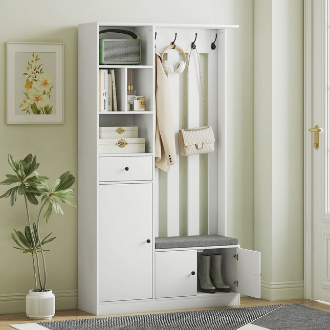 Garderobe mit Kleiderstange, Schuhbank, Haken, MDF, Weiß