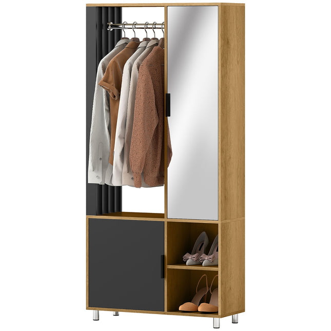 Kleiderschrank mit Spiegel, Kleiderstange, Naturholz, Schwarz