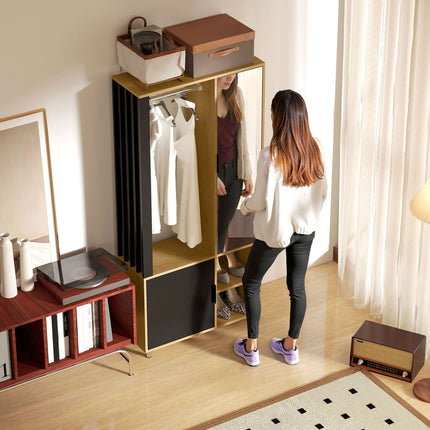 Wardrobe with Mirror, Hanging Rail, Natural Wood, Black