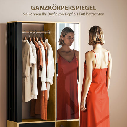 Wardrobe with Mirror, Hanging Rail, Natural Wood, Black