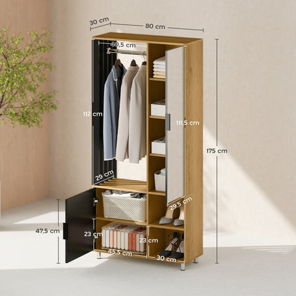 Wardrobe with Mirror, Hanging Rail, Natural Wood, Black