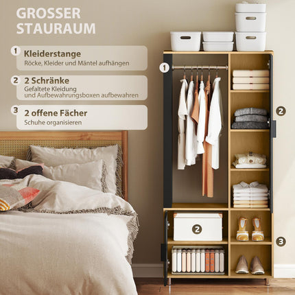 Wardrobe with Mirror, Hanging Rail, Natural Wood, Black