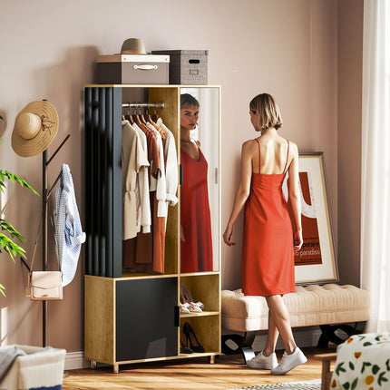 Wardrobe with Mirror, Hanging Rail, Natural Wood, Black