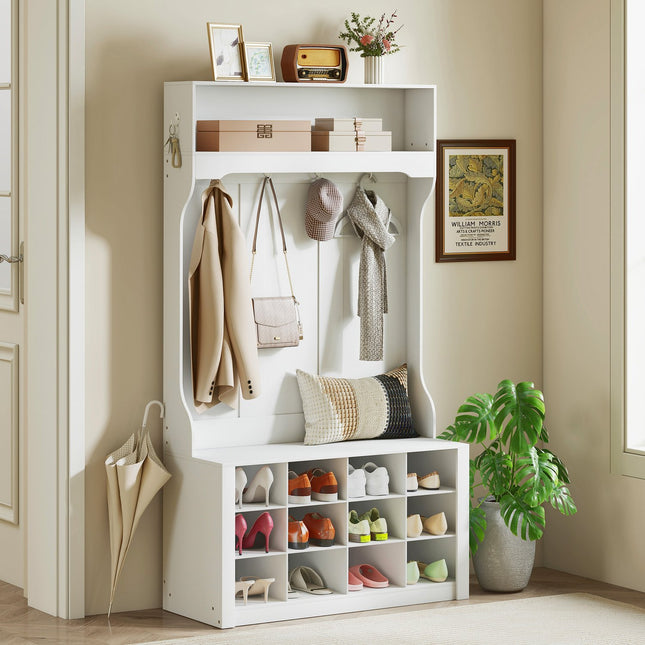 Garderobe mit Ablage, Sitzbank, Haken, Schuhfächern, Weiß