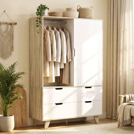 Wardrobe with Sliding Doors, Clothes Rail and 4 Drawers, Oak Look, White