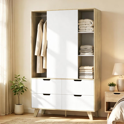 Wardrobe with Sliding Doors, Clothes Rail and 4 Drawers, Oak Look, White