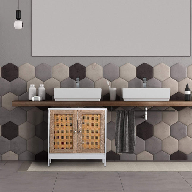 Meuble vasque avec portes en rotin