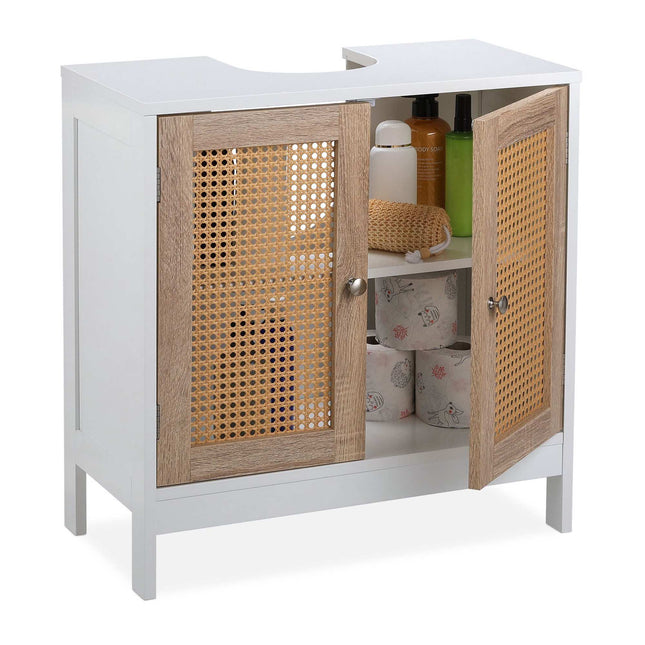 Meuble vasque avec portes en rotin
