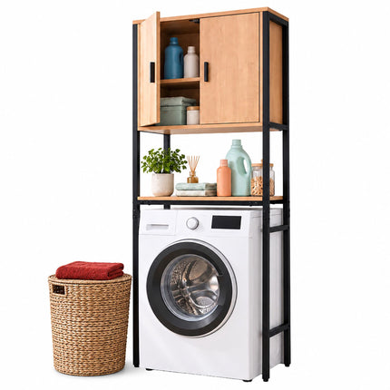 Washing Machine Cabinet with 2 Compartments, 170 cm, Light Wood/Black