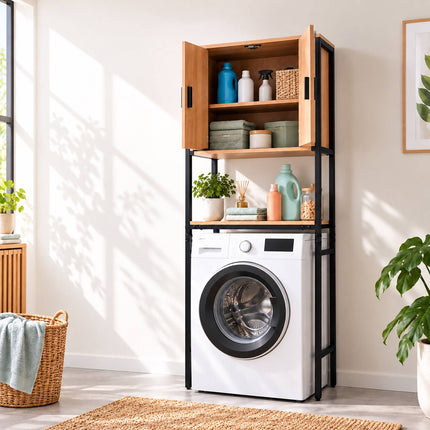 Washing Machine Cabinet with 2 Compartments, 170 cm, Light Wood/Black