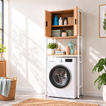 Washing Machine Cabinet with 2 Compartments, 170 cm, Light Wood/White