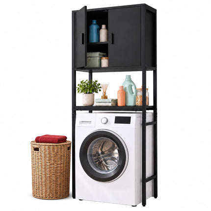 Washing Machine Cabinet with 2 Compartments – Black, 170 x 64 x 27 cm
