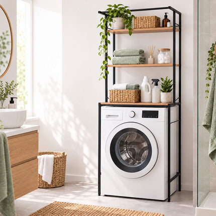 Washing Machine Shelf with 3 Shelves, 161 x 66 x 40 cm, Black, Natural Wood Tone