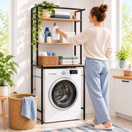 Washing Machine Shelf with 3 Shelves, 161 x 66 x 40 cm, Black, Natural Wood Tone