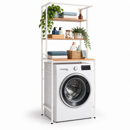 Washing Machine Shelf with 3 Shelves, 161 x 66 x 40 cm, White, Natural Wood Tone