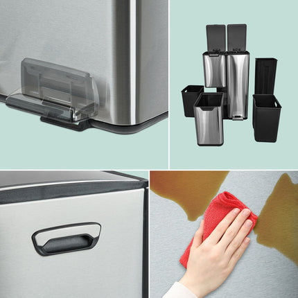 Waste Bin, 3 Compartments, 60L, Stainless Steel