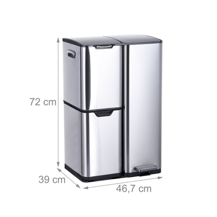 Waste Bin, 3 Compartments, 60L, Stainless Steel