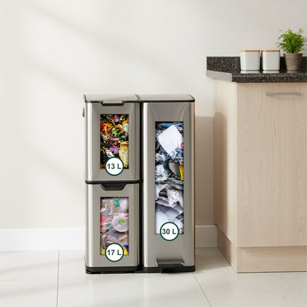 Waste Bin, 3 Compartments, 60L, Stainless Steel
