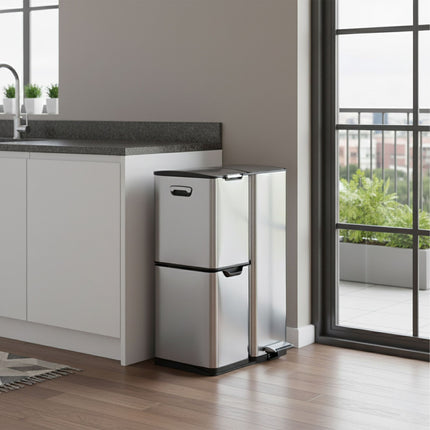Waste Bin, 3 Compartments, 60L, Stainless Steel