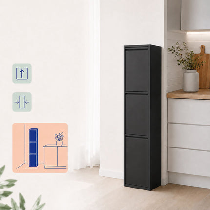 Waste Separation Bin 3 x 18 l with Tilt Function, Black, Wall-Mountable