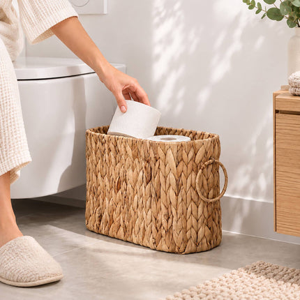 Water Hyacinth Toilet Roll Holder for 6 Rolls, Oval, Side Handles, Natural