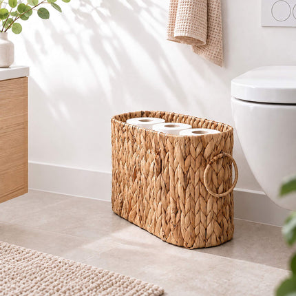 Water Hyacinth Toilet Roll Holder for 6 Rolls, Oval, Side Handles, Natural