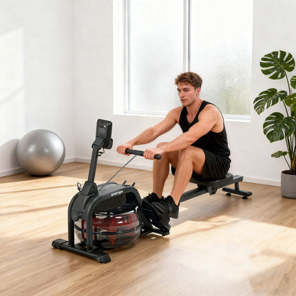 Veslovací trenažér s vodním odporem, nádrž 6-11L, LCD monitor, nosnost 135kg