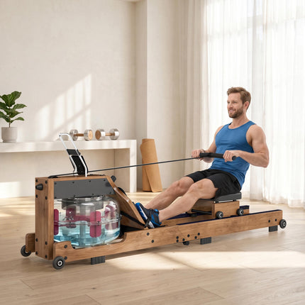 Veslovací trenažér s vodním odporem, skládací, Bluetooth aplikace, 158 kg