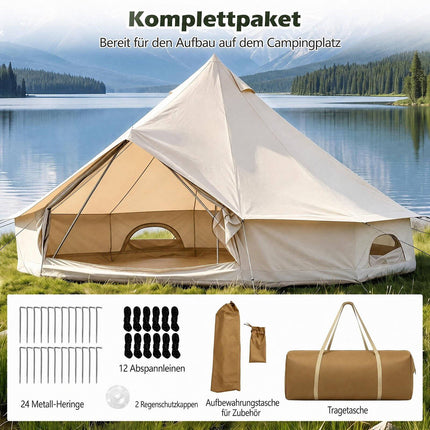 Waterproof Bell Tent with Stove Jack, Mesh Windows, Beige