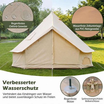 Waterproof Bell Tent with Stove Jack, Mesh Windows, Beige