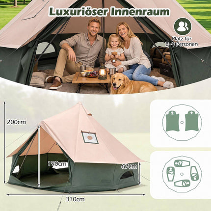 Waterproof Bell Tent with Stove Jack, Mesh Windows, Green