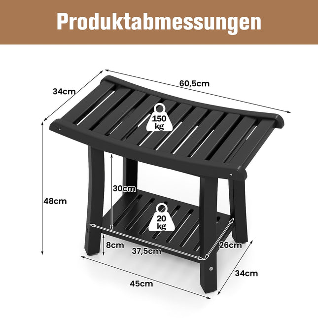 Wasserdichte Duschbank, gebogene Sitzfläche, Schwarz, 2-stufige Ablage