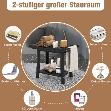 Wasserdichte Duschbank, gebogene Sitzfläche, Schwarz, 2-stufige Ablage